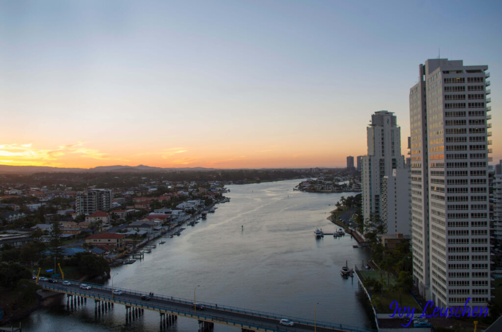 Balcony view sunset over city
