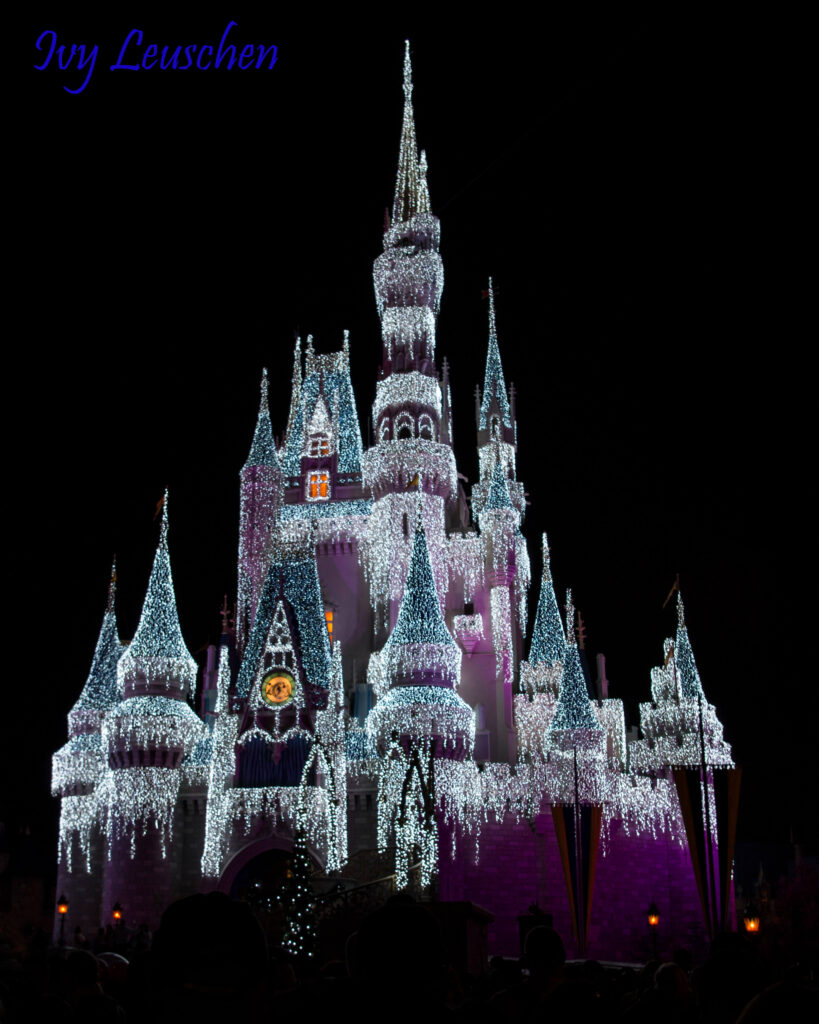 Purple and white lights on castle