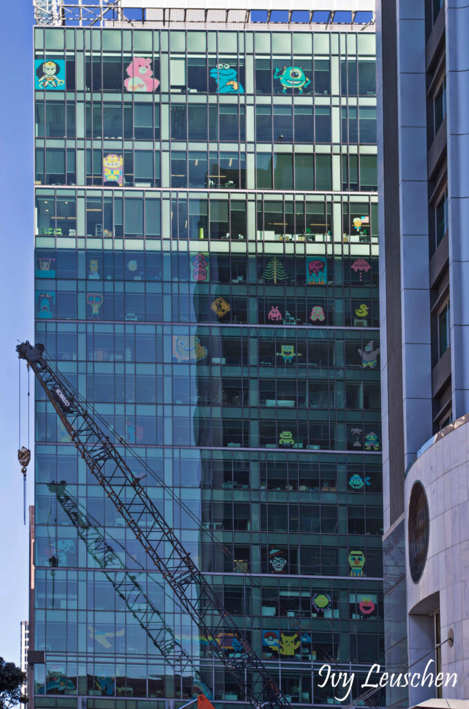 TV characters in office building windows